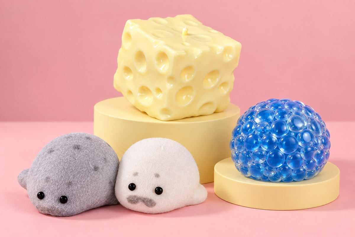 Colorful squishy toys on pink and yellow studio stands